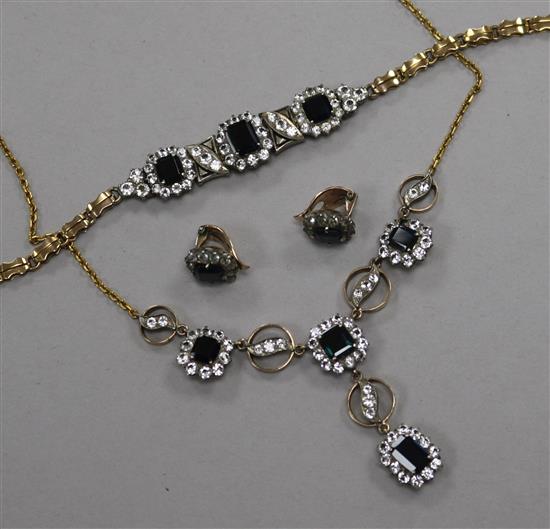 A mid 20th century yellow metal, blue and white sapphire set parure,